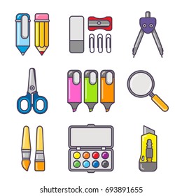 Stationery colorful icon set. School and office tools in white background - pen, pencil, ruler, scissors, eraser, knife, compass, brushes, paint and other tools. Vector illustration with outline.