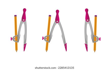 Stationery compass, three options on a white background, vector illustration.
