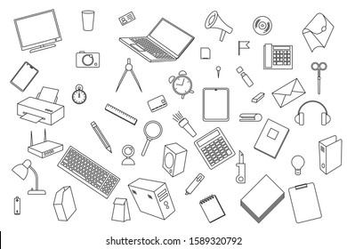 Stationery and computer equipment in a chaotic manner. Vector drawing in black and white colors. Detailing of each object. Black stroke. Wallpaper, background, texture for school, university, office. 