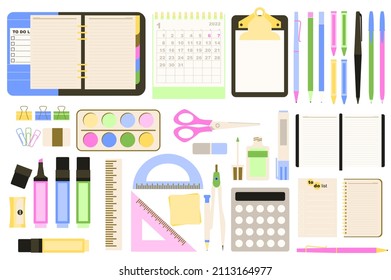 Stationery concept collection in flat cartoon design. Notebook, calendar, tablet, pen, pencil, paper, clip, paints, scissors, markers and other office supply set isolated elements. Vector illustration