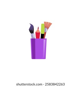 Stationery container with paint brushes kit, red pencil and felt-tip pen. Painting tools and kids art or school supplies in purple case. Vector flat illustration isolated on white background