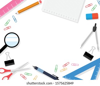 Stationery copy space on white background. Top view school and office supplies. Education concepts. Vector illustration flat design template.
