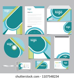 Stationery Corporate Brand Identity Design set. Business stationary abstract template. Fresh multi color abstract geometric graphics on annual report cover, brochure, corporate mug, letterhead, Card