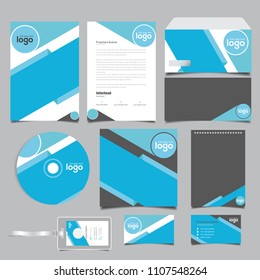Stationery Corporate Brand Identity Design set. Business stationary abstract template. Fresh blue color abstract geometric graphics on annual report cover, brochure, corporate mug, letterhead, Card