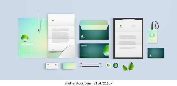 Stationery Corporate Identity Design set with green elements. Brand mockup template. Editable eps10 vector with round ECO logo, folder, A4 form and envelope. Colorful Business and ID card.