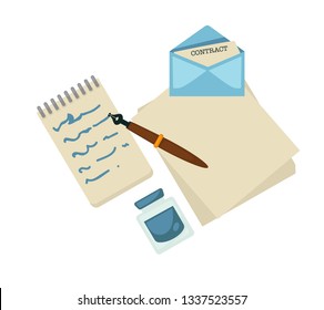 Stationery and correspondence writing writer drafts ink bottle and pen letter and notepad vector copybook text idea or plot novel creation literature and literary work envelope and paper sheets