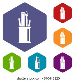 Stationery in cup icons set rhombus in different colors isolated on white background