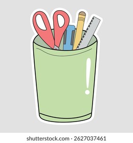 Stationery Cup Vector Sticker. Flat pastel cup filled with scissors, pencil, ruler and pen, ideal for school, office, organization, and study‑themed designs