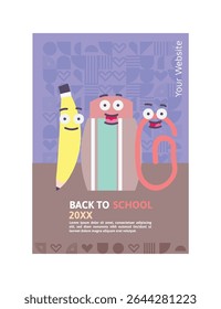 Stationery cute cartoon character for back to school poster in flat style