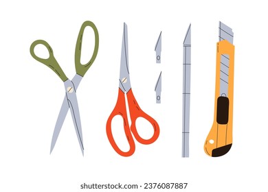 Stationery cutting supplies, scissors, breadboard knife, stationery knife in hand drawn style. Necessary elements for cutting paper. Scissors for cutting and sewing. Vector stock illustration. svg