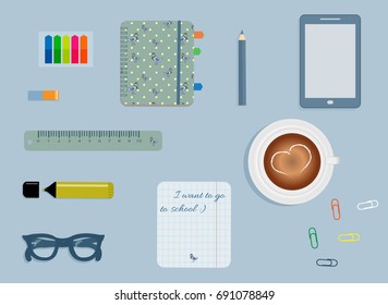 Stationery: A day planner. A smartphone. Glasses. A pencil. A rubber. A colorful stickers. Clips. A marker. A cup of coffee with a heart. Sheet in the box. Vector illustration 