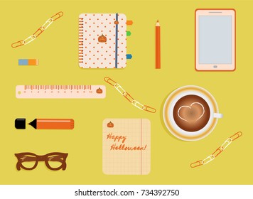 Stationery: A day planner. A smartphone. Glasses. A pencil. A rubber. Clips. A marker. A cup of coffee with a heart. Sheet in the box. Helloween. Pumpkin. Vector illustration 