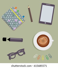 Stationery: A day planner spiral-bound with the cute purple flowers and polka dots. A tab. A marker. The glasses. A pencil. Clips. Tablet. A cup of coffee with a heart. Vector illustration
