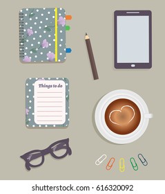 Stationery: A day planner spiral-bound with the cute purple flowers and polka dots. A tab. The glasses. A pencil. Clips. Tablet. To do list. A cup of coffee with a heart. Vector illustration