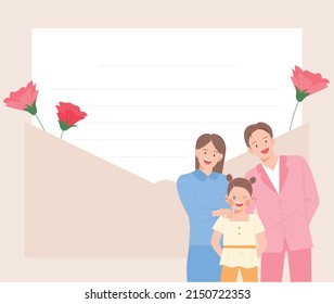 Estacionería decorada con flores de clavel. Familia feliz de pie sonriendo. ilustración vectorial de estilo de diseño plano.