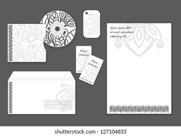 Stationery design with graphic flowers, vector set, easy editable
