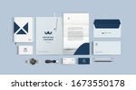 Stationery design mock up set for corporate identity or branding. Dark blue color style and grey background. Realistic top view corporate style set.