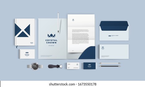 Stationery design mock up set for corporate identity or branding. Dark blue color style and grey background. Realistic top view corporate style set.