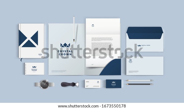 Stationery design mock up set for corporate identity\
or branding. Dark blue color style and grey background. Realistic\
top view corporate style\
set.