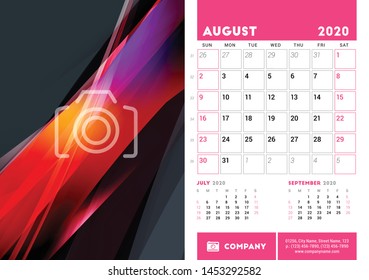 Stationery design template. Calendar planner for August 2020. Week starts on Sunday. Vector illustration