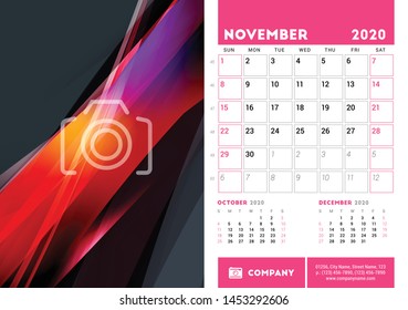 Stationery design template. Calendar planner for November 2020. Week starts on Sunday. Vector illustration