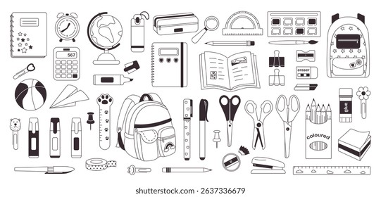 Stationery doodle icon large set. Big set of school supplies hand drawn with contour lines on white background. Bundle of textbooks, stationery supply, education objects. Back to school. Vector 