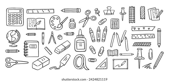 Stationery doodle icon set. Art education line hand drawn elements - pencil, pen, washi tape, globe, glue, crayons hand drawn school supply illustration