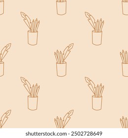 Stationery Doodle Seamless Pattern. Hand drawn elegant beige background with line pen holder. Writing supplies stand. Simplicity. Vector illustration