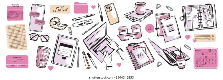 Conjunto de doodle de papelaria, kit de itens de escritório freelance vetorial, nota de etiqueta de notificação, para fazer a arte da lista. Laptop mãos femininas, xícara de café, bloco de notas objetos de negócios de estudo, smartphone. Ícone de doodle de papel de carta