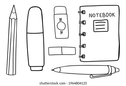 Stationery in doodle style. Notebook. Marker. Eraser. Pencil. A pen. Isolated elements on a white background. School vector illustration. Coloring pages. Stickers. Eps10.