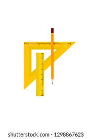 Stationery drawing items set: ruler, triangular ruler and pencil