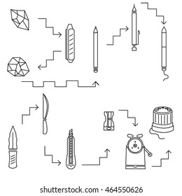 Stationery drawing writing tools set. Black and white line art vector