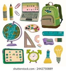 Stationery and education concept. school supplies watercolor vector illustration.