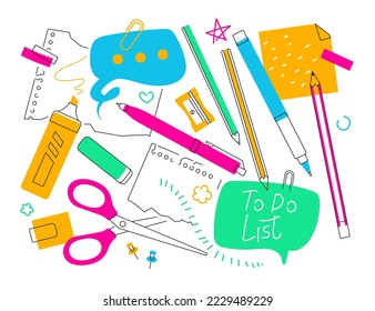 Stationery for education and office work - flat design style illustration. High quality colorful images of scissors, notes, pens, pencils, sharpener, paper clips and pins. To-do list and stickers