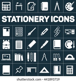 stationery education school icons set white on color background