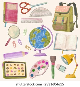 Stationery and education watercolor vector illustration. back to school.