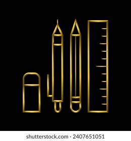Stationery elements icon, golden metallic thin 3d lines collection.