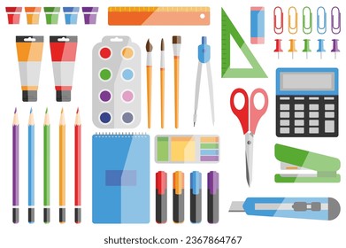 Stationery elements set in cartoon style. A collection of flat style illustrations showcasing stationary elements, perfect for creating clean and modern school visuals. Vector illustration.