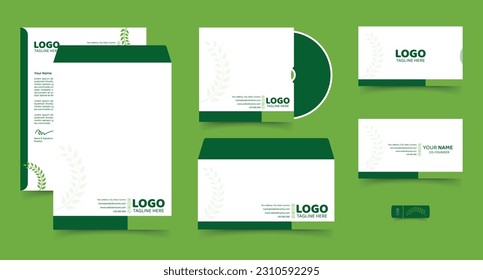 Stationery and envelope set for green organic business. Letterhead with A4 size envelope, CD with CD holder, Professional horizontal envelope, Business card with holder, USB. Easy editable stationery.