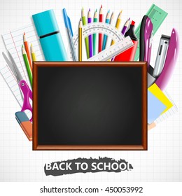 Stationery equipment. Back to school background with blackboard and school supplies. Office and school supplies. Vector realistic illustration 