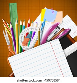 Stationery equipment. Back to school background with blackboard and school supplies.  Vector realistic illustration 