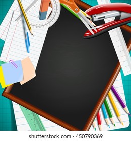 Stationery equipment. Back to school background with blackboard and school supplies.  Vector realistic illustration 
