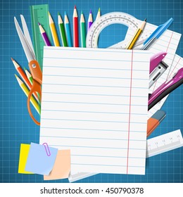 Stationery equipment. Back to school background with blackboard and school supplies.  Vector realistic illustration 