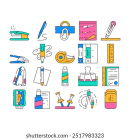 Stationery Equipment Collection Icons Set Vector. Stationery Knife And Clip, Pen And Pencil, Corrector And Compass, Stapler And Anti-stapler Tool Contour Illustrations