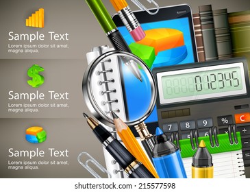 Stationery, equipment and info graphic for business, vector illustration