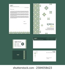 Stationery Equipment Set Design with Green Pastel Islamic Ornament