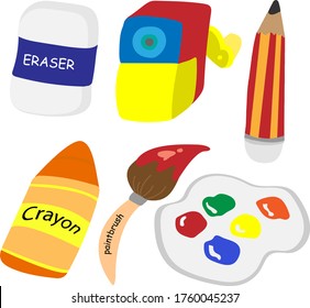 Stationery is eraser sharpener pencil crayon brush and 
Color palette.