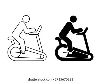 Stationery exercise bike icon in two styles. outline and solid black silhouette. Trainer Simulating Bicycle. Workout, Fitness. Gym and Sports Concept.