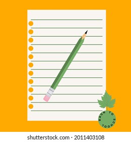 Stationery. Exercise book sheet in a ruler, a simple pencil with an eraser, autumn leaf - vector. Back to school. Sale of school supplies.