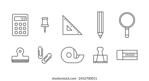 Stationery, fancy, and school supplies icon set for office, school, education, study, and classes. Calculator, pencil, ruler, magnifying glass, tongs, thumbtacks, paperclip, tape, eraser.